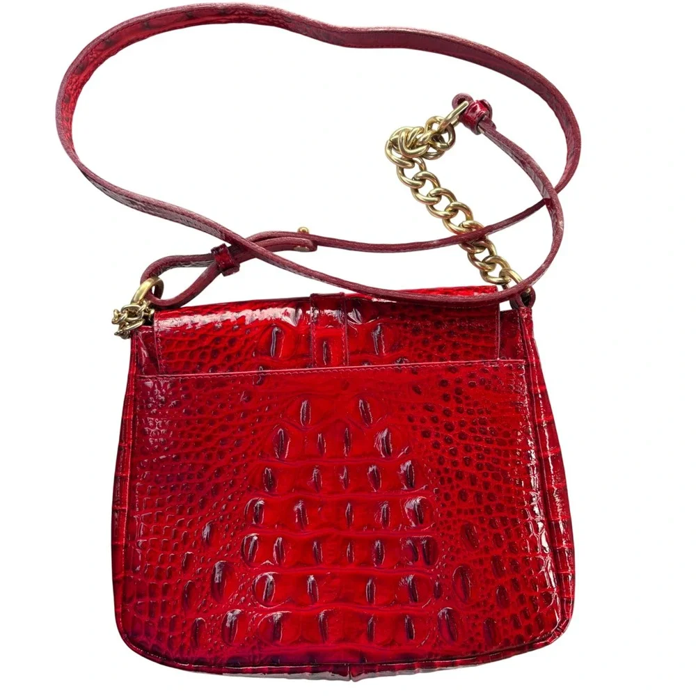 Vtg BRAHMIN Red Croc Embossed Leather Crossbody Bag Magnetic Satchel Gold Charm